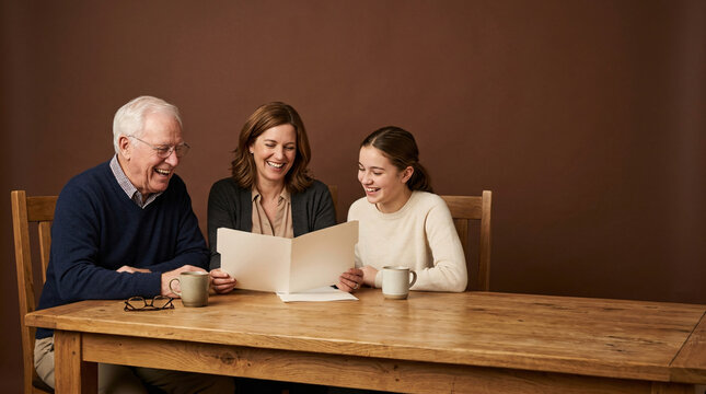 A heartwarming scene captures three generations of a family, a grandfather, mother, and daughter, sharing a happy moment looking through a photo album at a wooden table.