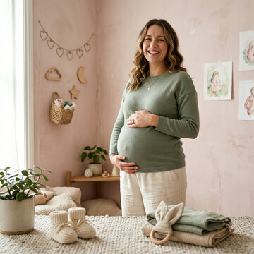 Pregnant woman in a green sweater standing in a bright nursery indoors