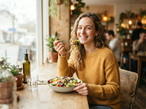 Woman in a mustard sweater eating from a large ceramic bowl in soft daylight
