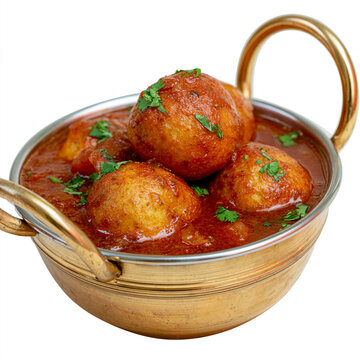 Indian potato curry or aloo dum in a brass bowl garnished with fresh cilantro
