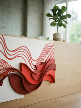 Five red wooden stacking arches beside a wavy line pattern panel in soft daylight