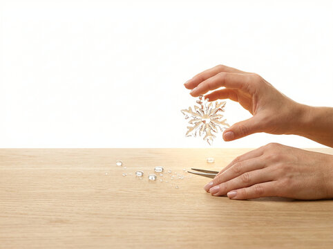 Hands holding a gold snowflake ornament above a light wooden table in soft daylight