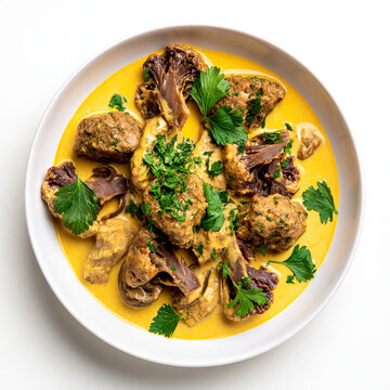 Roasted cauliflower florets in a creamy yellow turmeric curry sauce with fresh parsley