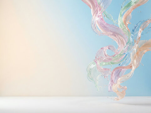 Splash of tinted water frozen mid air in a bright pastel studio setting