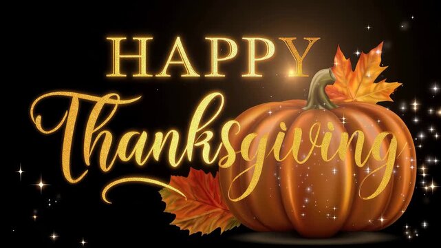 golden shining happy thanksgiving greeting text with autumn leaves and pumpkins illustrated animation
