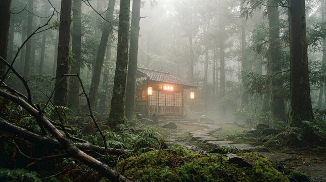 Traditional Japanese pavilion among misty forest trees on a stone path