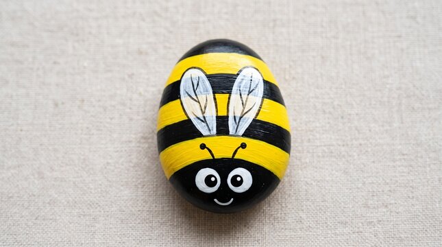 Decorative painted bumblebee rock, a creative handmade craft project, featuring a cute insect design on a smooth stone surface