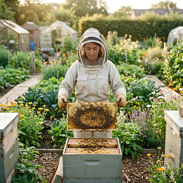 Beekeeper in a protective suit examines a frame beside wooden beehives outdoors