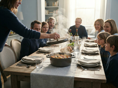 A woman lifts the lid off a pot as family gathers around a long dining table