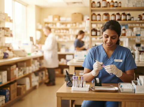 Gloved woman uses a metal instrument with test tubes at a laboratory table