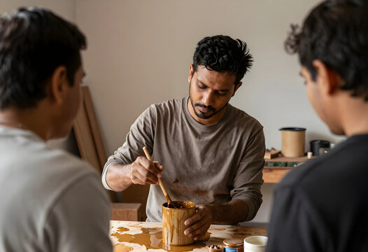 Craftsmanship and mentorship, artisan teaching traditional woodworking techniques to apprentices in a workshop with wood stain and tools for creative work