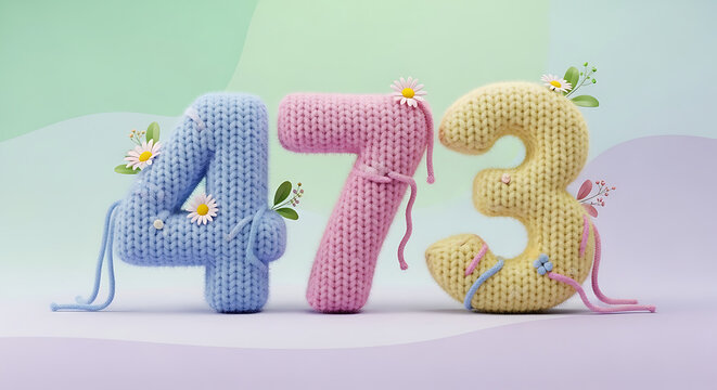 Knitted number 473 with small daisy flowers and green leaves, soft pastel background, birthday or anniversary concept