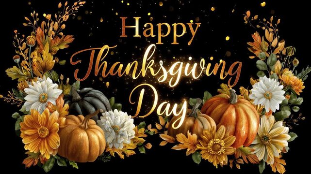 golden shining happy thanksgiving day text surrounded by pumpkins and autumn flowers illustrated animation