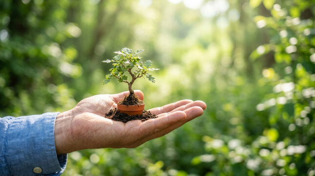 Human hand holding a small potted bonsai tree for environmental sustainability and growth concepts