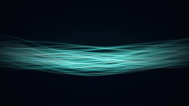 A single continuous artwork filling the entire canvas with a dark navy environment. Elegant turquoise and soft-white light trails form an elongated wave across the middle, gradually dissolving into ti