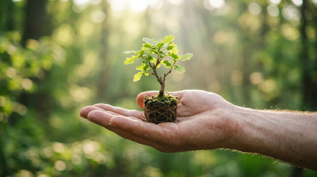 Small green tree seedling held in a human hand isolated on a transparent background