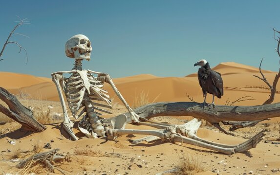 Desert landscape with a vulture perched near a skeleton and a weathered tree.