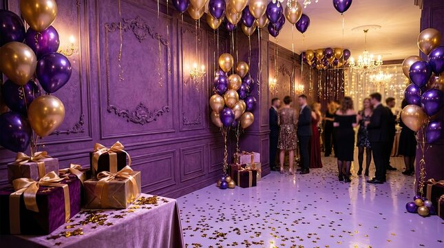 Luxurious purple and gold party decorations for wedding or anniversary celebration