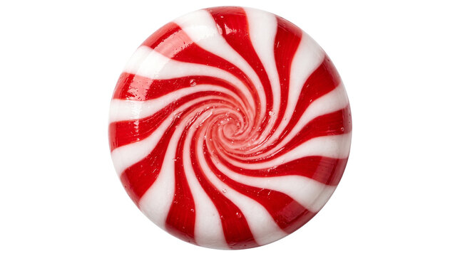 Peppermint hard candy with red and white pinwheel stripes, round mint swirl sweet, festive holiday Christmas treat isolated PNG with Transparent Background