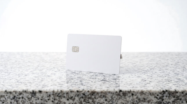 A blank white credit card with an embedded metallic emv chip, standing upright on a speckled grey and white granite countertop against a bright studio background
