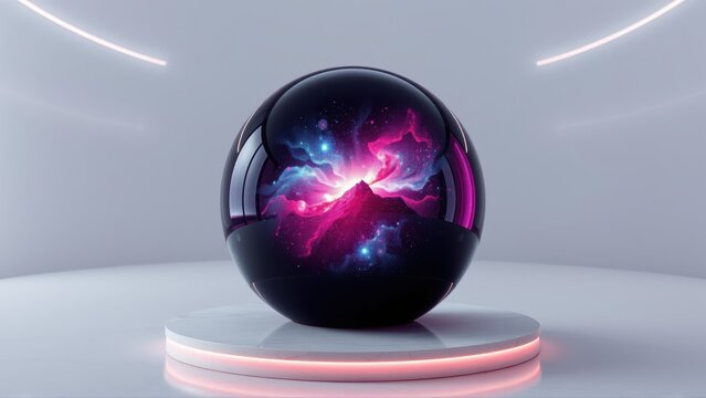 Glossy sphere displays nebula inside. Platform glows with pink light. Minimalist studio setting creates dramatic effect.