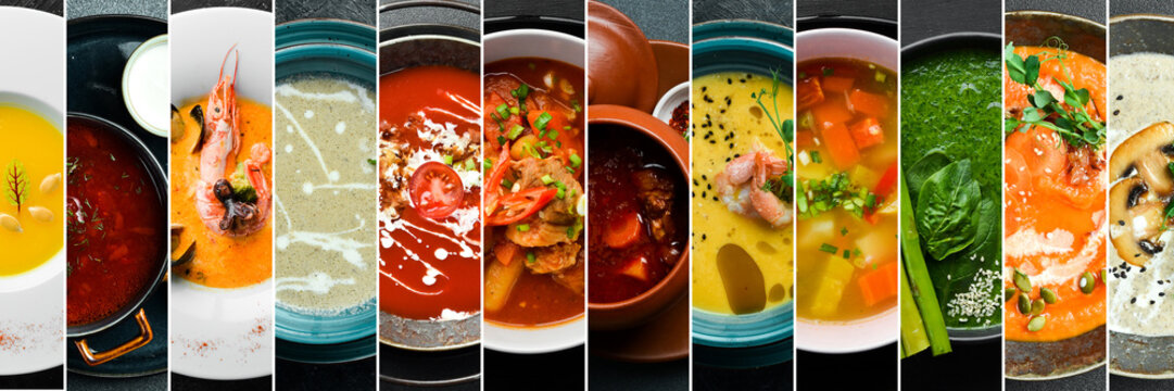 This vibrant photo collage of assorted delicious hot soups is perfect for a restaurant menu, culinary blog, or healthy eating website banner.