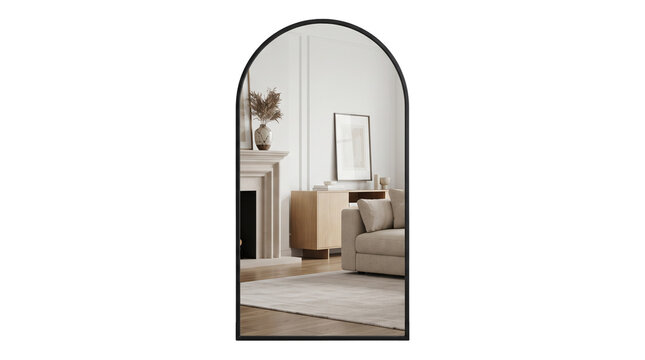 Arched wall mirror with black frame on transparent background