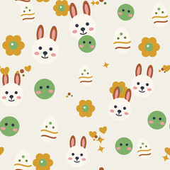 Obraz premium Seamless happy easter nursery pattern featuring a bunny, chick, decorated egg and spring flowers, in a soft forest tales palette. Cute vector background for baby fabric, wallpaper and textile design.