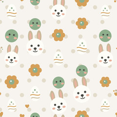 Obraz premium Seamless happy easter nursery pattern featuring a bunny, chick, decorated egg and spring flowers, in a soft gender neutral sand palette over a delicate polka dot backdrop.