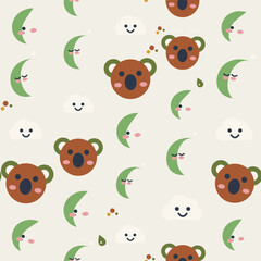Fototapeta premium Seamless koala naps nursery pattern featuring a sleepy koala, crescent moon and soft clouds, in a soft forest tales palette. Cute vector background for baby fabric, wallpaper and textile design.