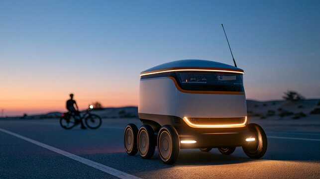 Dusk at the Al Qudra track, deep blue and orange sky, a small white delivery robot with orange trim and soft glowing indicator lights reaching a cyclist sitting beside his bike, si