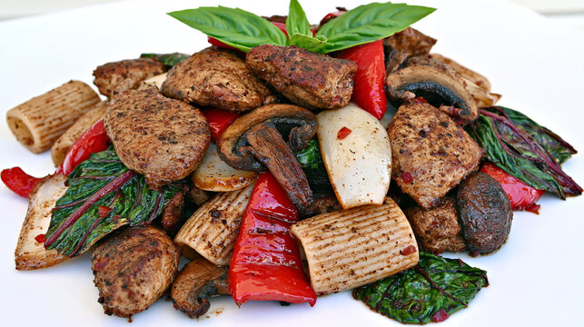 Roasted pork tenderloin with saut&eacute;ed vegetables and pasta on a white plate