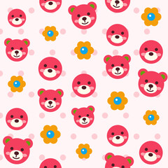 Obraz premium Seamless woodland tales nursery pattern featuring a fox, a teddy bear and gentle flowers, in a soft rose garden palette over a delicate polka dot backdrop.