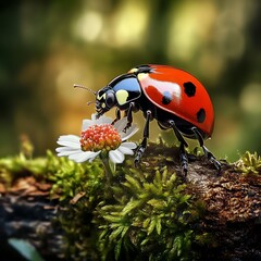 Obraz premium A vibrant ladybug crawls on a daisy flower, highlighting the beauty of nature and small creatures