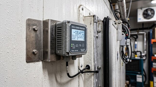 Industrial digital temperature controller mounted on a wall inside a commercial cold storage warehouse facility