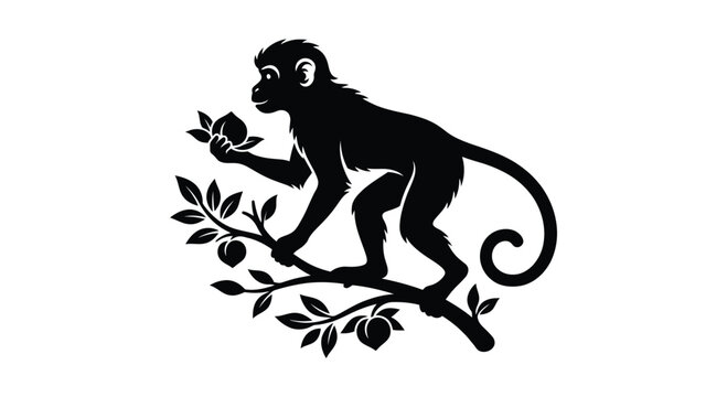 Black silhouette of a monkey holding fruit on a branch