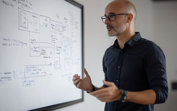 Professional presenting ideas with a detailed diagram on a whiteboard, emphasizing communication and teamwork