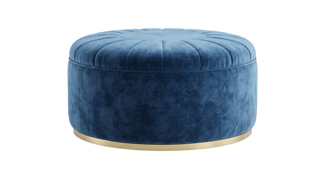 Round blue velvet ottoman with gold base on transparent background