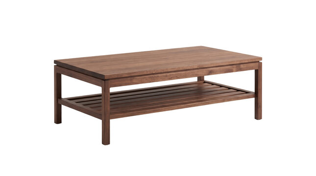 Modern wooden coffee table with slatted shelf on transparent background