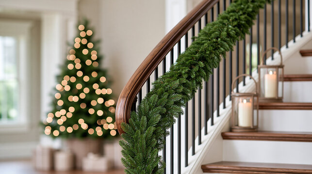 Low-angle view of a floor-length evergreen garland spiraling around a dark wood staircase banister, ivory candles in lanterns on the steps, neutral gift boxes at the base, warm glo