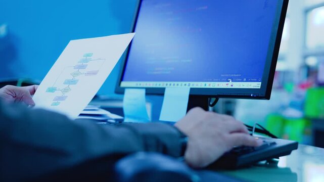 Programmer holds printed flowchart paper while typing code before desktop computer monitor inside corporate tech office workspace.