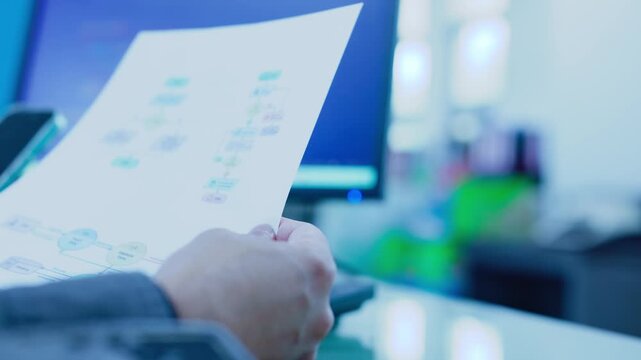 Programmer holding document with algorithm flowchart diagram in office beside computer monitor displaying software code.