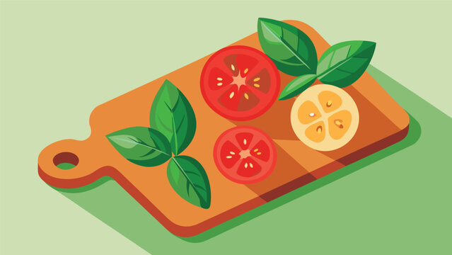 Fresh sliced red tomatoes citrus fruit green basil leaves on a wooden cutting board vegetable preparation ingredient nutrition illustration isometric template background commercial