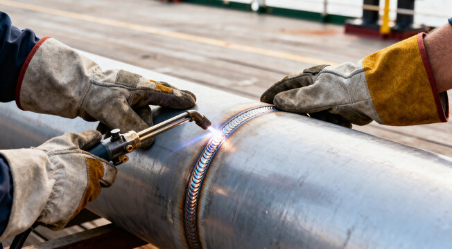 Two welders work together on a steel pipeline, using an oxy-fuel torch to heat and finish a precise welded seam while wearing heavy gloves and protective gear in an industrial setting.