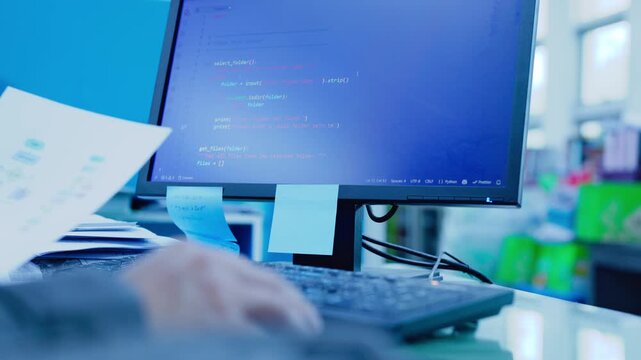 Programmer typing on computer keyboard reviewing source code script displayed on monitor in corporate office workspace holding flowchart paper document.