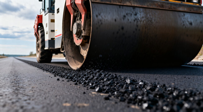 Close-up view of a heavy road roller compacting fresh asphalt on a highway, showing the texture of hot black pavement, construction equipment and industrial roadwork