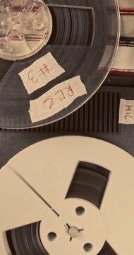 Vintage audio reel player. Reel audio recorder with tape rolls. 