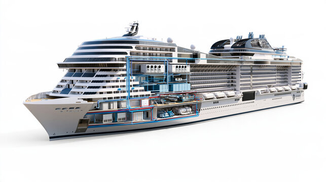 Clean technical cutaway diagram of a modern cruise ship, full longitudinal side section with the outer hull removed on one side, 5 simplified visible deck levels, large clearly sep