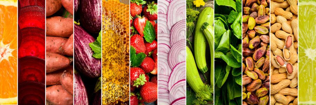 Vibrant horizontal photo collage of fresh fruits, vegetables, nuts, seeds, and honey, suitable for culinary blogs, nutrition websites, and healthy eating campaigns.