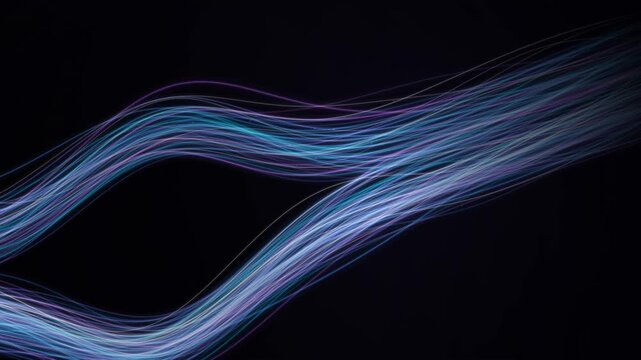 A single continuous artwork filling the entire canvas with a dark background. Purple, blue, and white luminous threads curve elegantly around a large empty region near the left side, creating an asymm